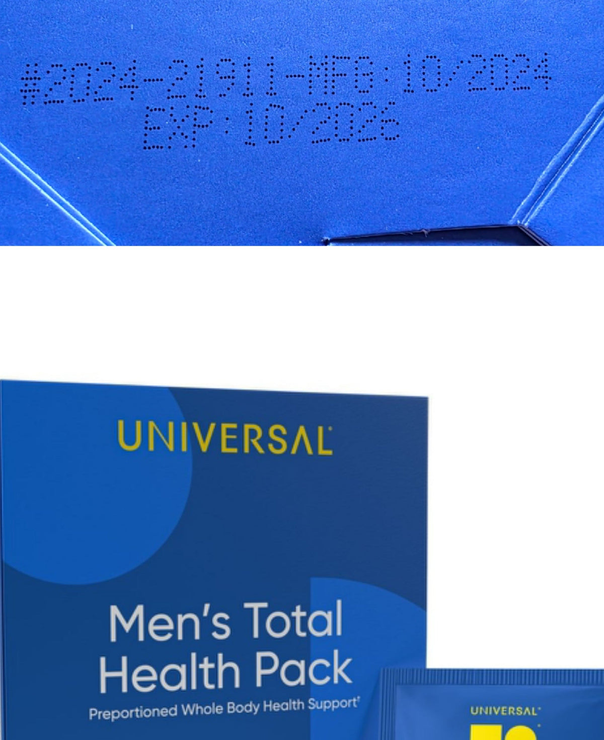 Universal ~ Men's Total Health Pack ~ Whole Body Health Support ~ 30 Servings — Package lot, manufacture, and expiration detail