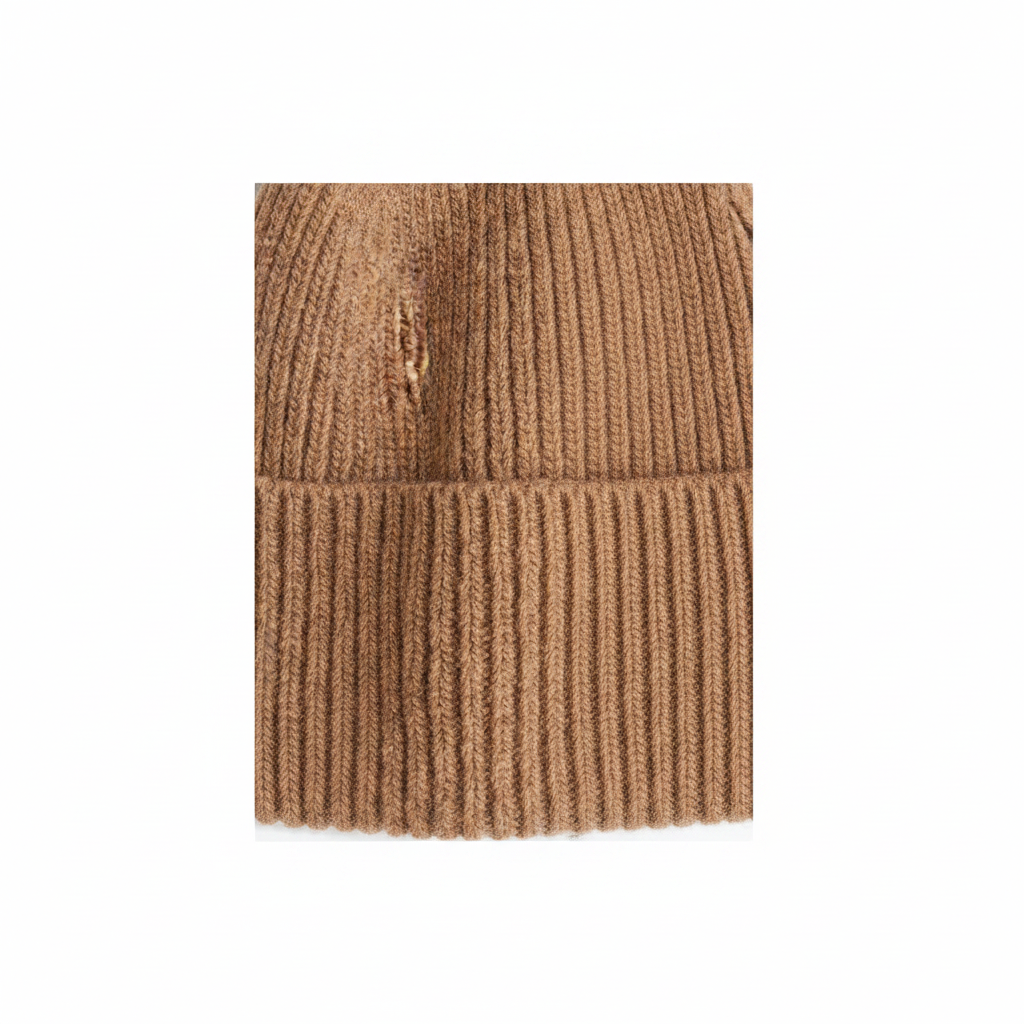 H&M Rib-Knit Wool-Blend Hat – Dark Beige close-up rib-knit texture detail on white background