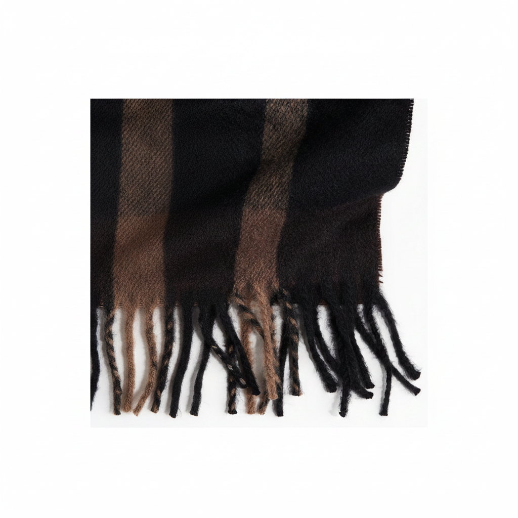 H&M Scarf One Size – Close-up of black and brown fringe detail on white background