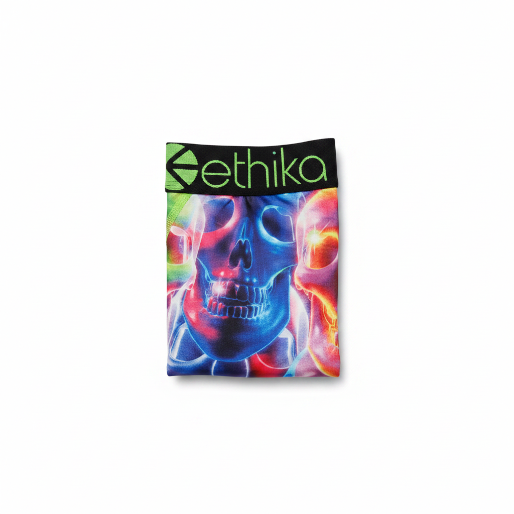 Ethika Boys Graphic Briefs – Neon Skull print, folded view on white background