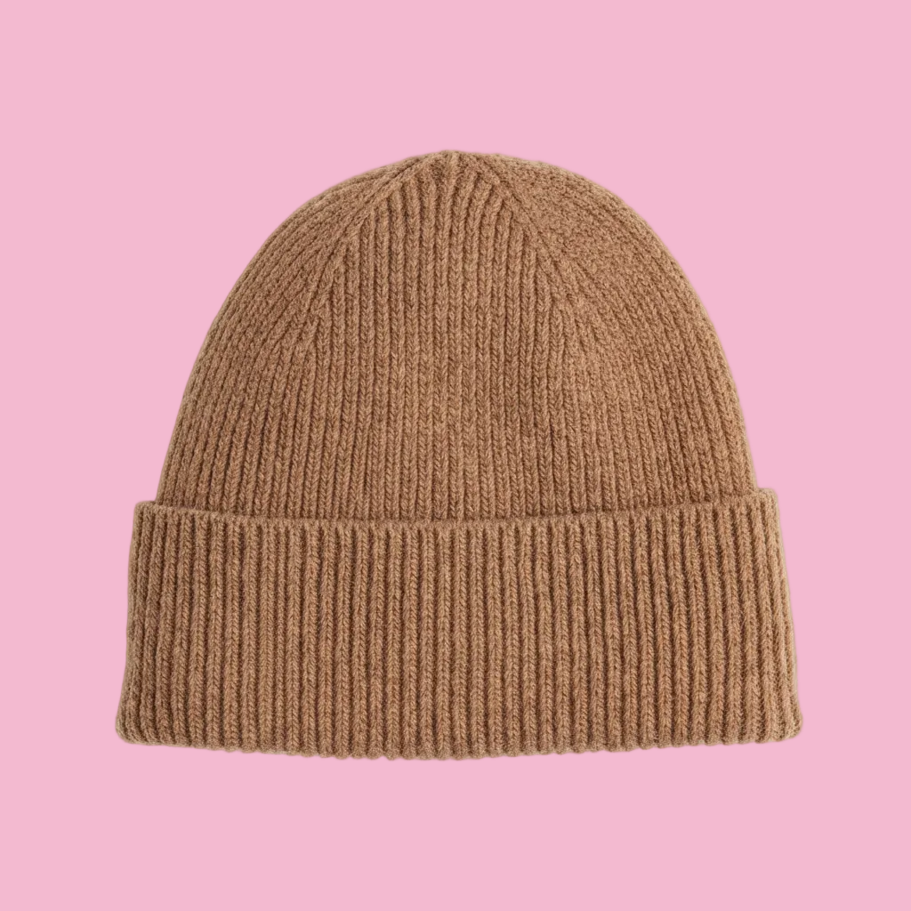 H&M Rib-Knit Wool-Blend Hat – Dark Beige beanie on white background