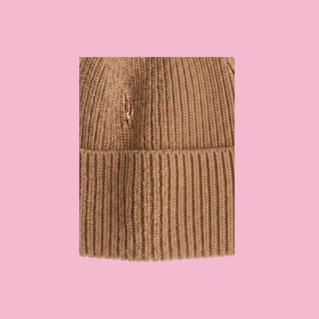 H&M Rib-Knit Wool-Blend Hat – Dark Beige close-up rib-knit texture detail on white background