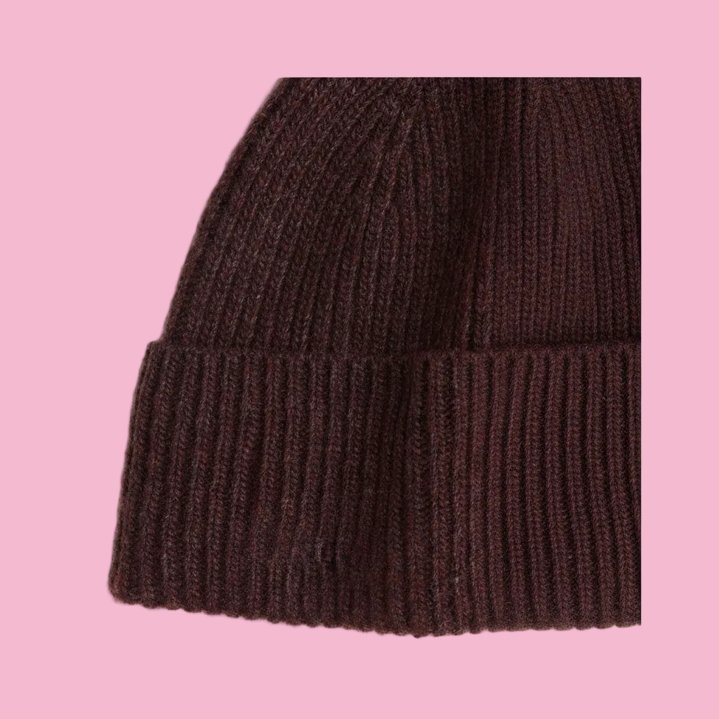 H&M Rib-Knit Wool-Blend Hat – Dark Brown close-up rib-knit texture detail on white background