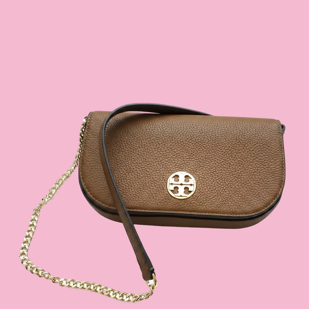 Tory Burch ~ Chelsea Pebbled Leather Crossbody ~ Cortado — Angled front view showing structured shape and pebbled leather