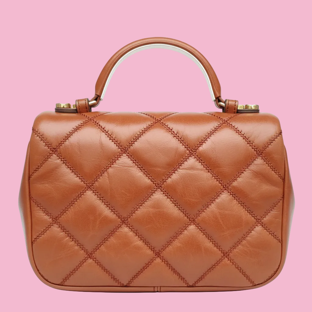 Tory Burch ~ Willa Glazed Mini Top Handle Bag ~ Dark Whisky — Back view showing top handle