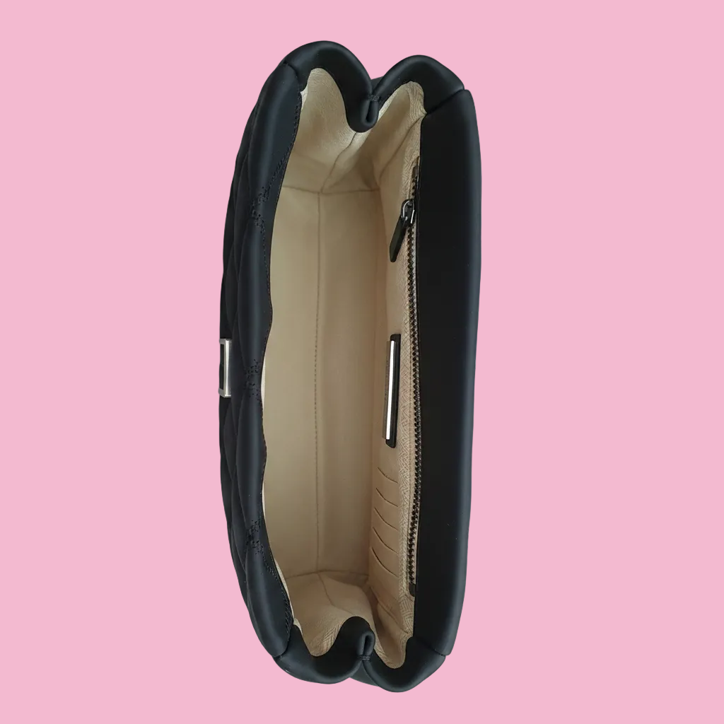 Tory Burch ~ Willa Matte Mini Top Handle Bag ~ Black — Interior compartment and pockets