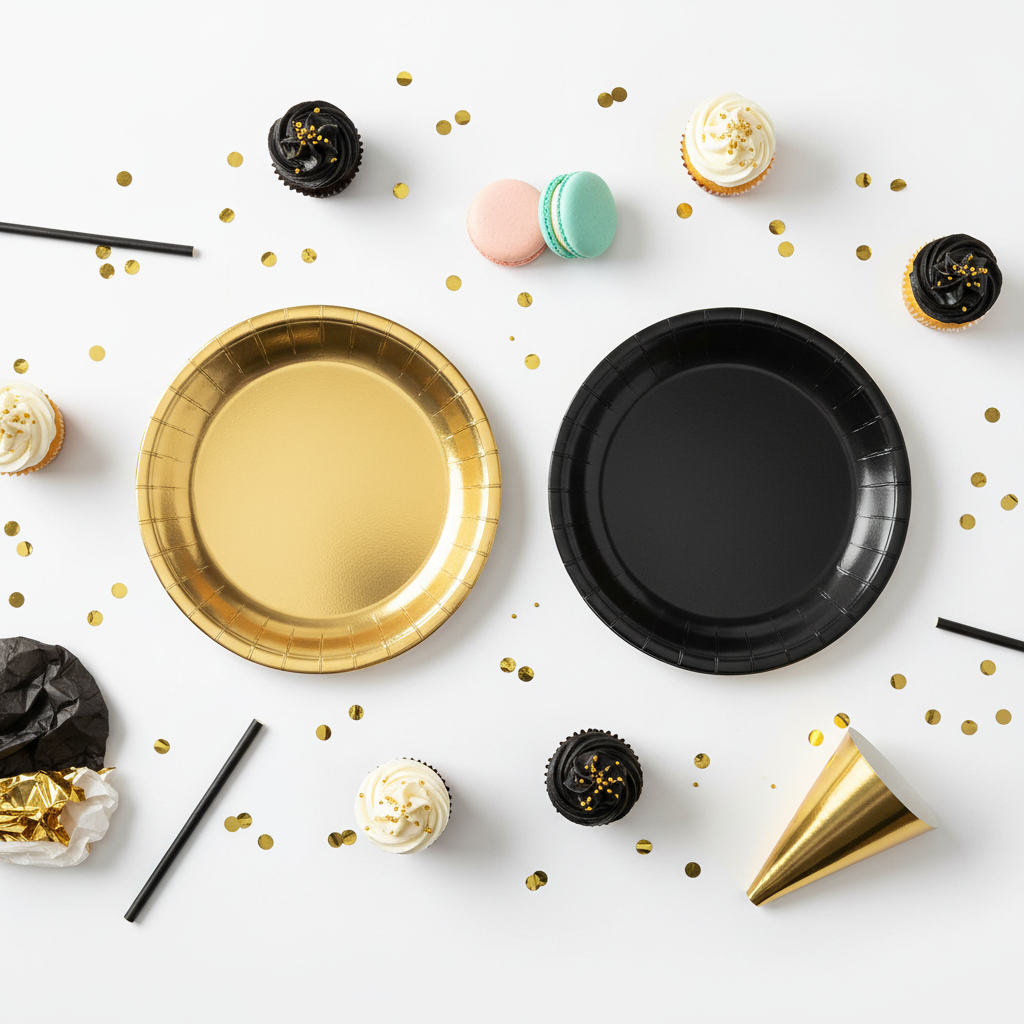 Black and gold plates styled flat-lay