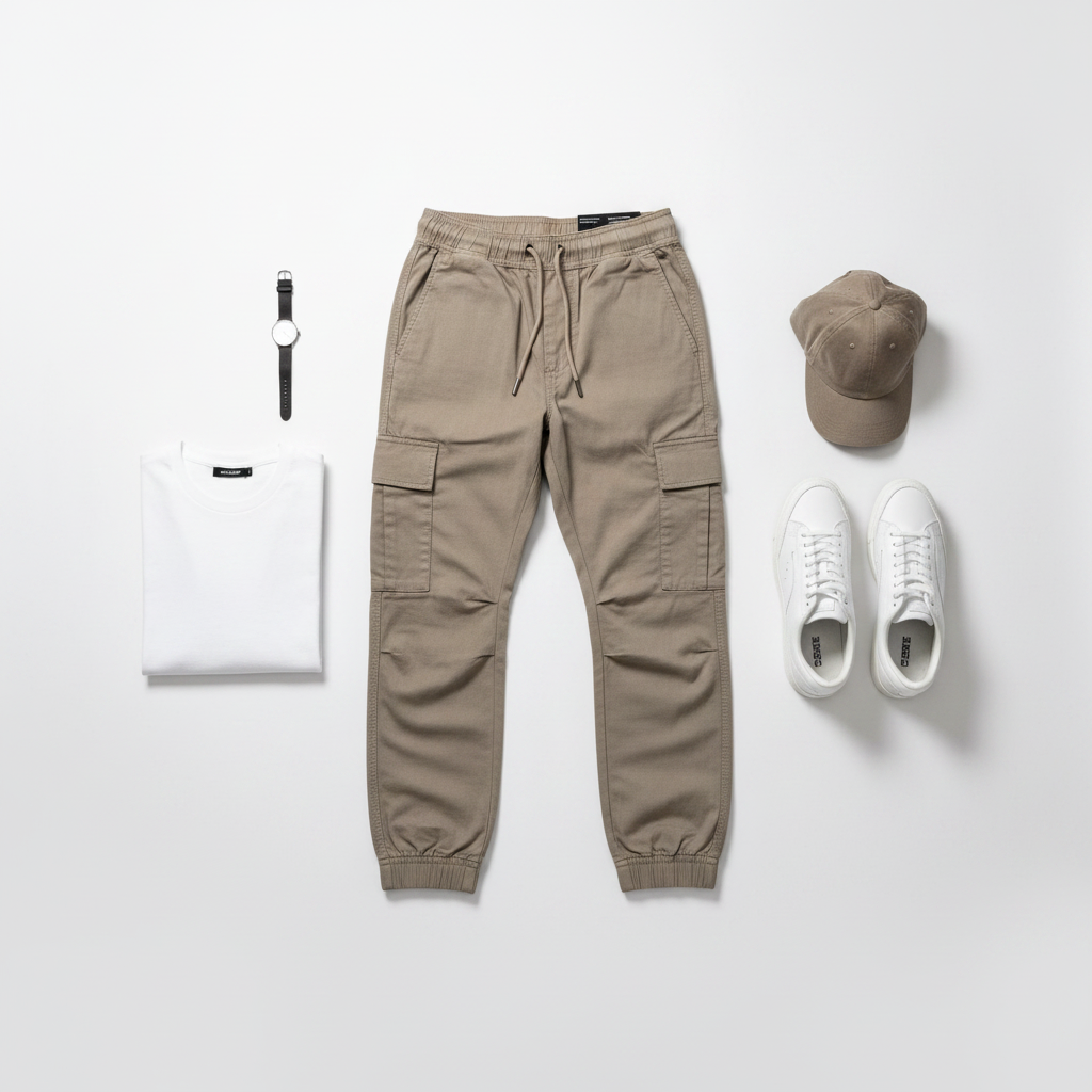 Dark sand joggers styled outfit flat-lay