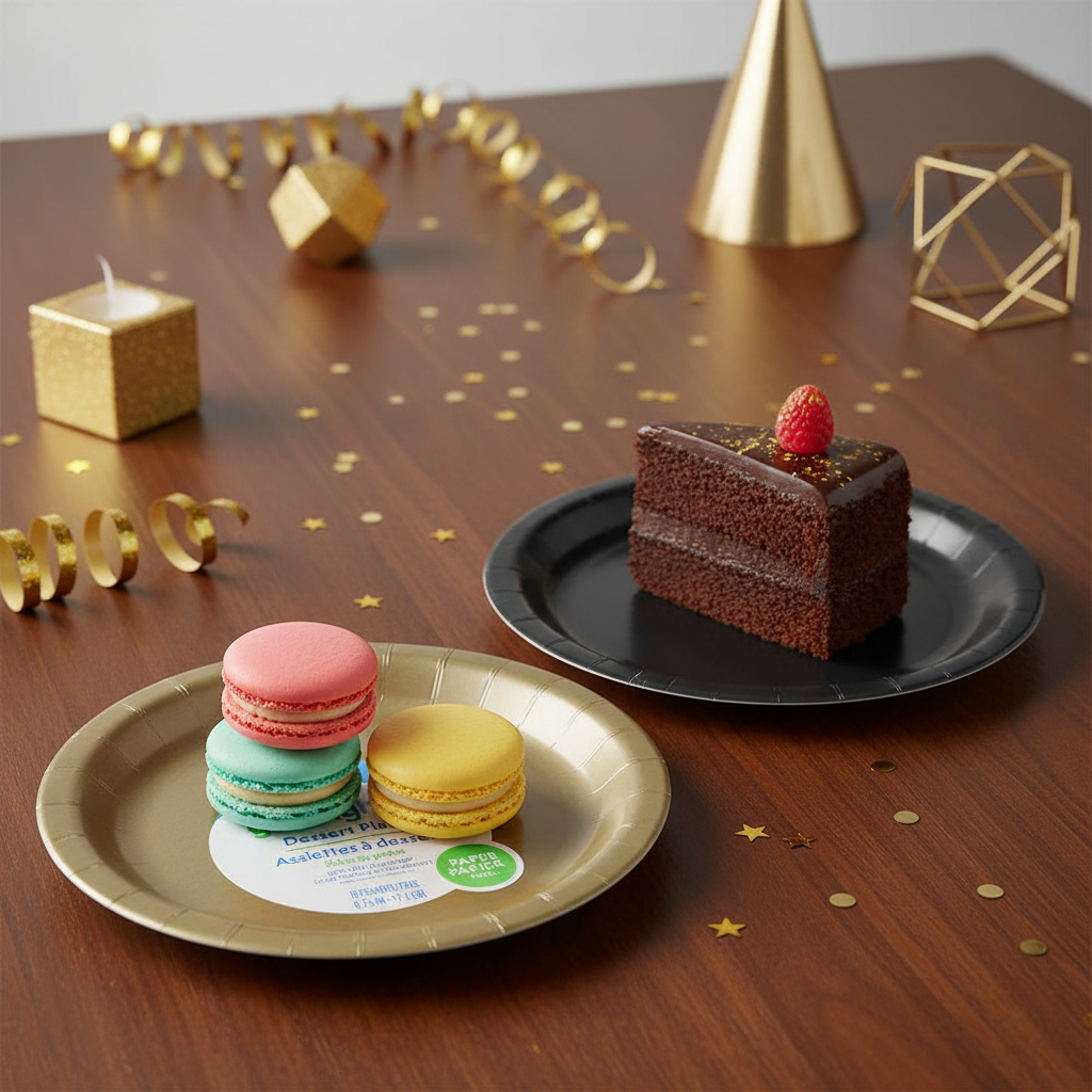 Desserts on black and gold plates