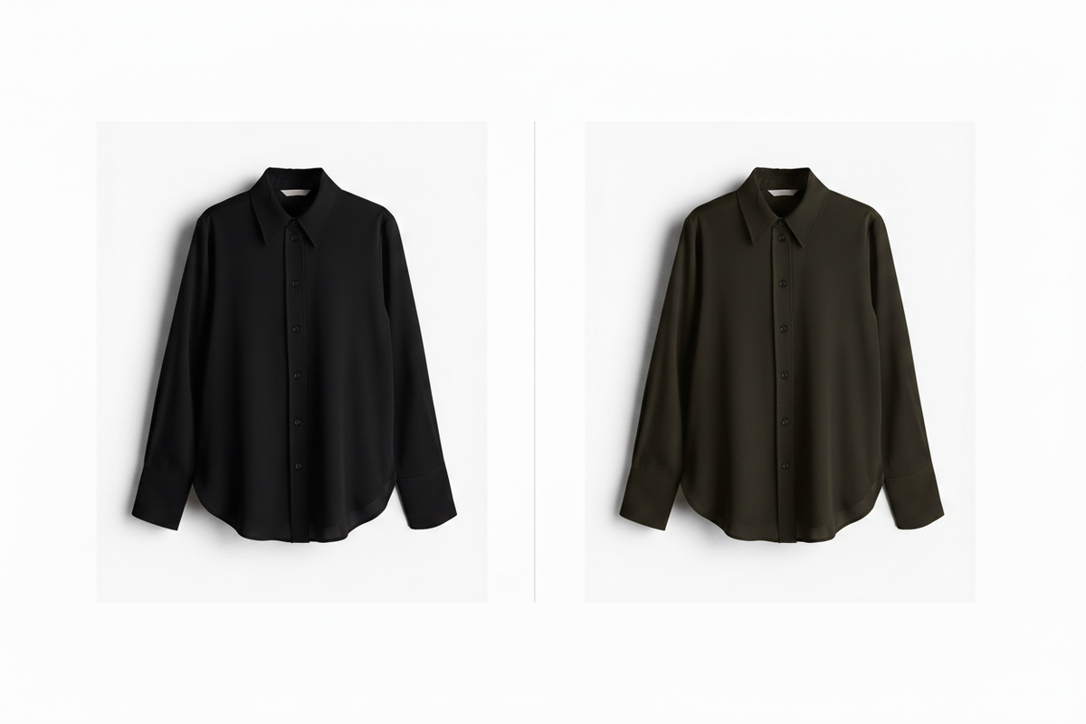 hm-womens-satin-shirt-black-dark-khaki-green-side-by-side