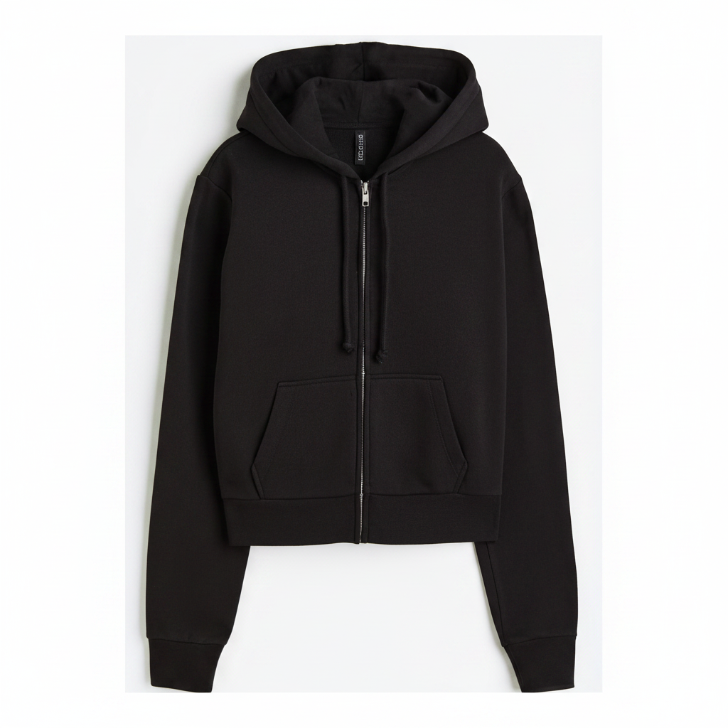 hm-womens-short-hooded-jacket-zip-up-black-front-flat-lay-padded-1x1