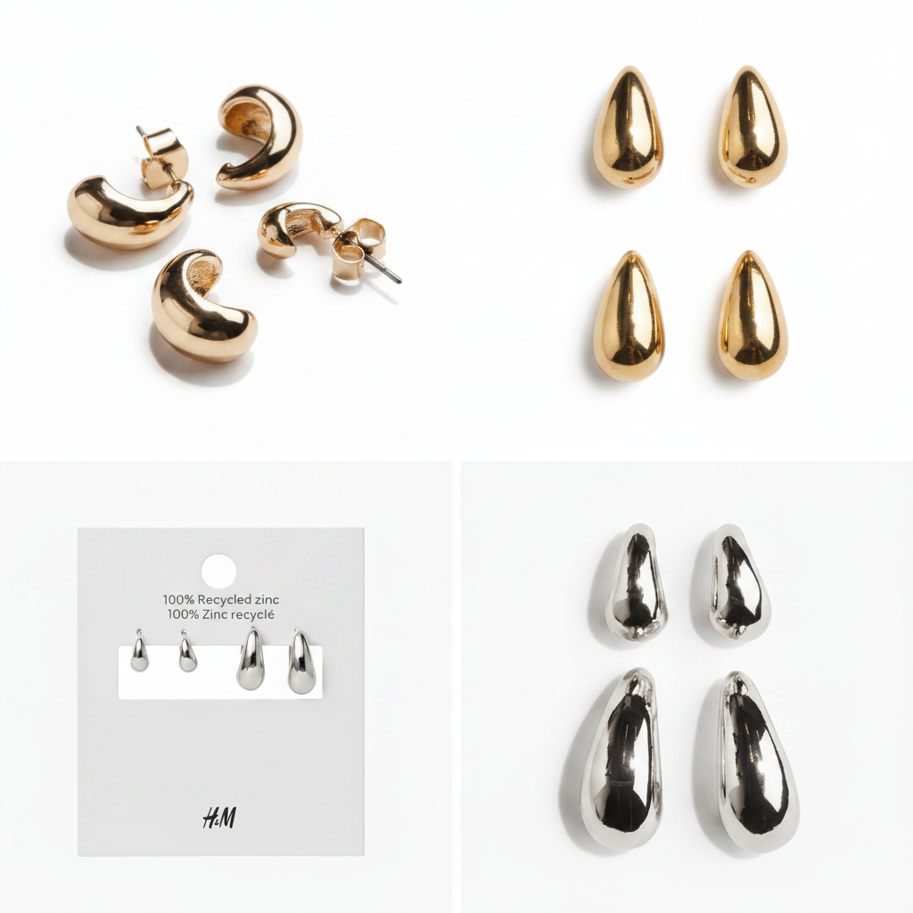 H&M Dome Hoop Earrings 2 Pair Each – Gold and silver multi-view collage on white background