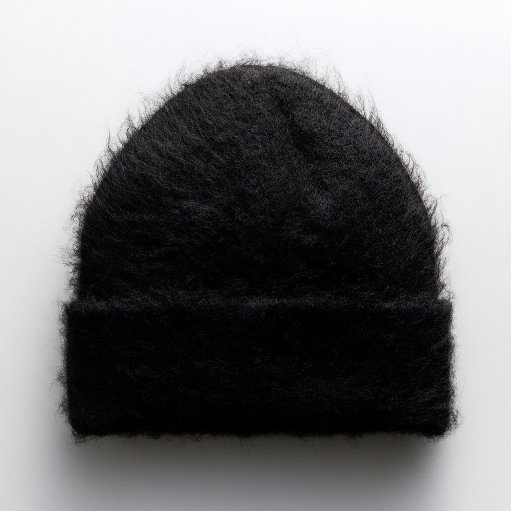 H&M Fuzzy Wool-Blend Beanie One Size – Black fuzzy beanie on white background