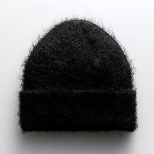 H&M Fuzzy Wool-Blend Beanie One Size – Black fuzzy beanie on white background