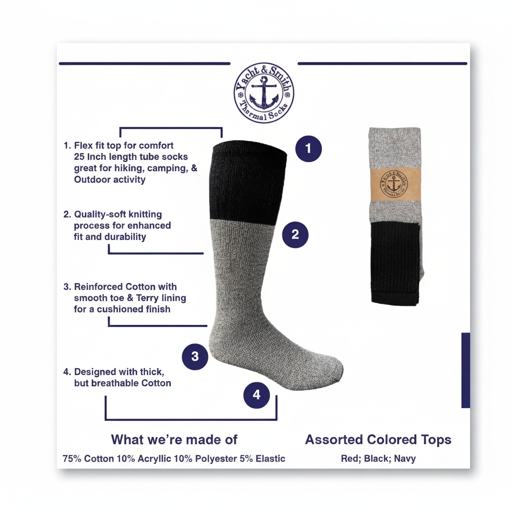 Yacht & Smith Men's Cotton Thermal Tube Socks – Product feature detail shot on white background