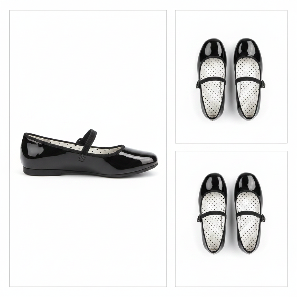 H&M Girls Flat Dress Shoes Black Size 11 – Three-view collage showing side profile, pair view, and top-down view on white background