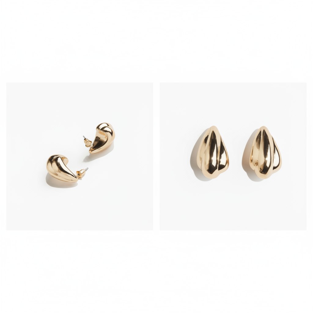 H&M Dome Earrings Leaf-Like Design – Gold side and front view collage on white background