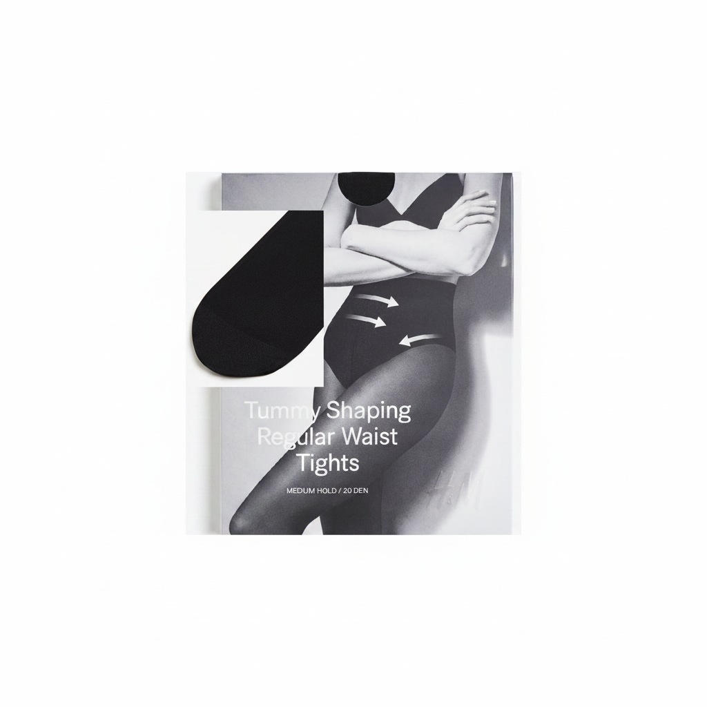 H&M Tummy Shaping Regular Waist Tights Medium Hold 20 Den – Close-up and packaging collage on white background