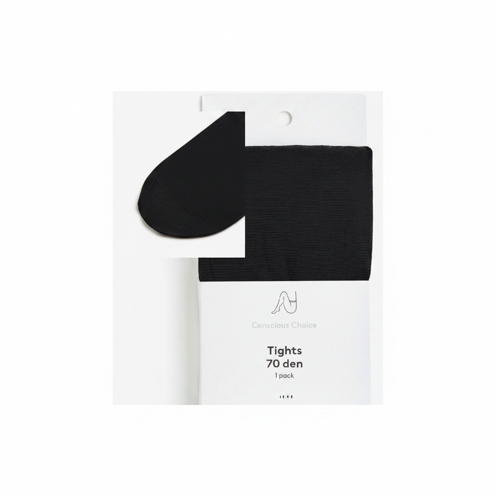 H&M Conscious Choice Tights 70 Den – Close-up and packaging collage on white background