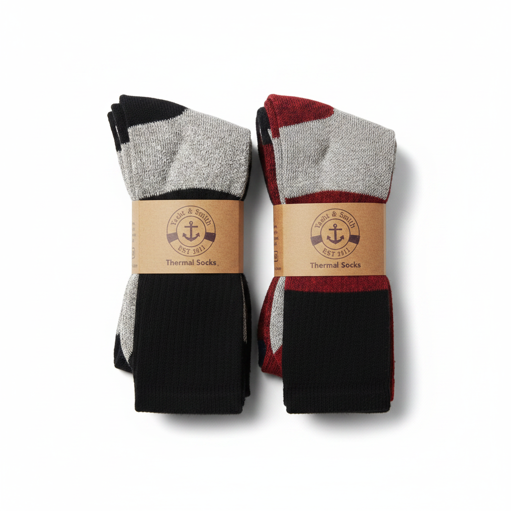 Yacht & Smith Men's Cotton Thermal Tube Socks 3-Pack – Two bundled socks standing upright showing black and red colorways on white background