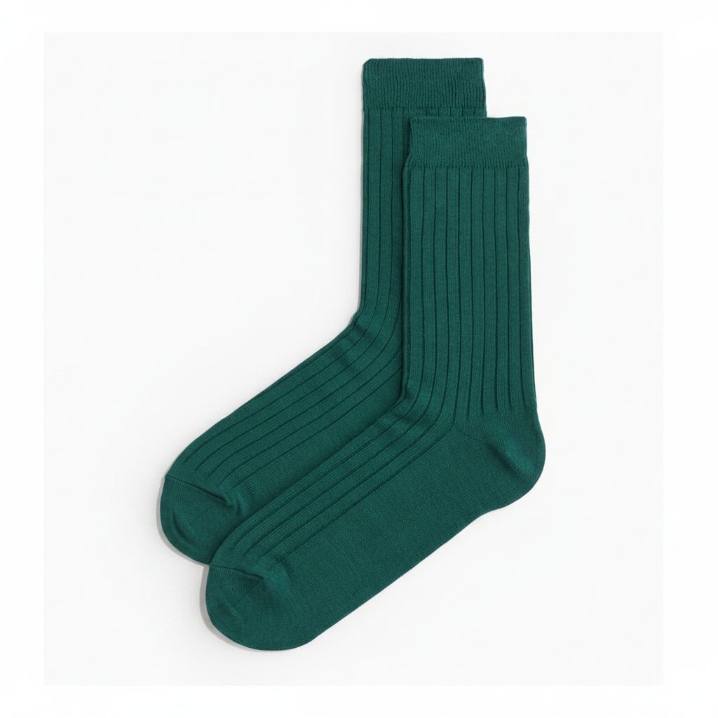 H&M Men's Fine-Knit Ribbed Sock Forest Green – Both socks flat lay on white background