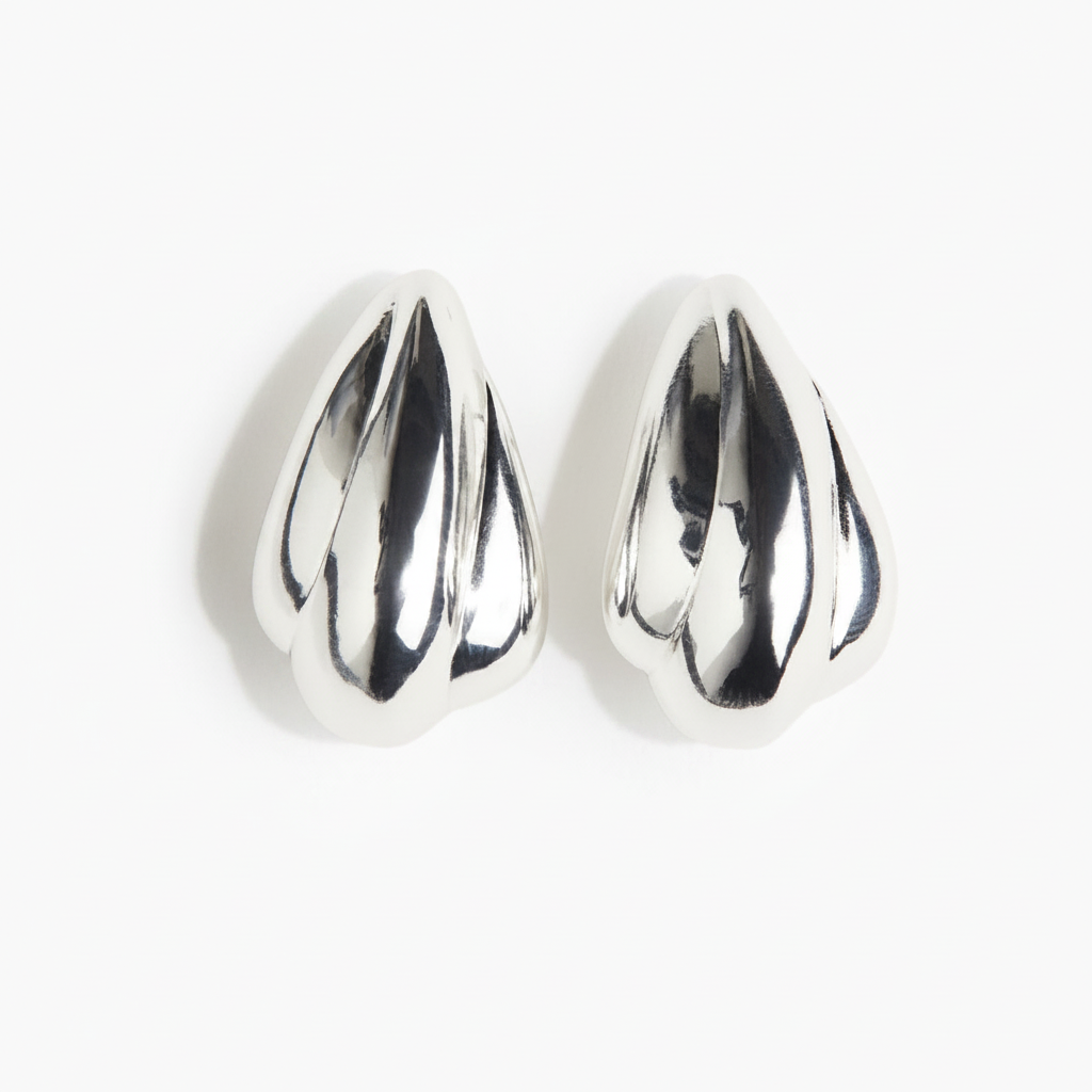 H&M Dome Earrings Leaf-Like Design – Silver front view on white background