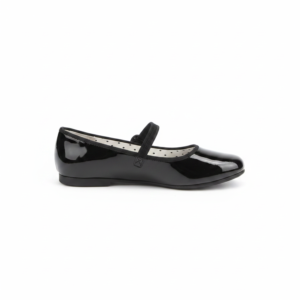 H&M Girls Flat Dress Shoes Black Size 11 – Single shoe showing elastic strap and polka dot insole on white background