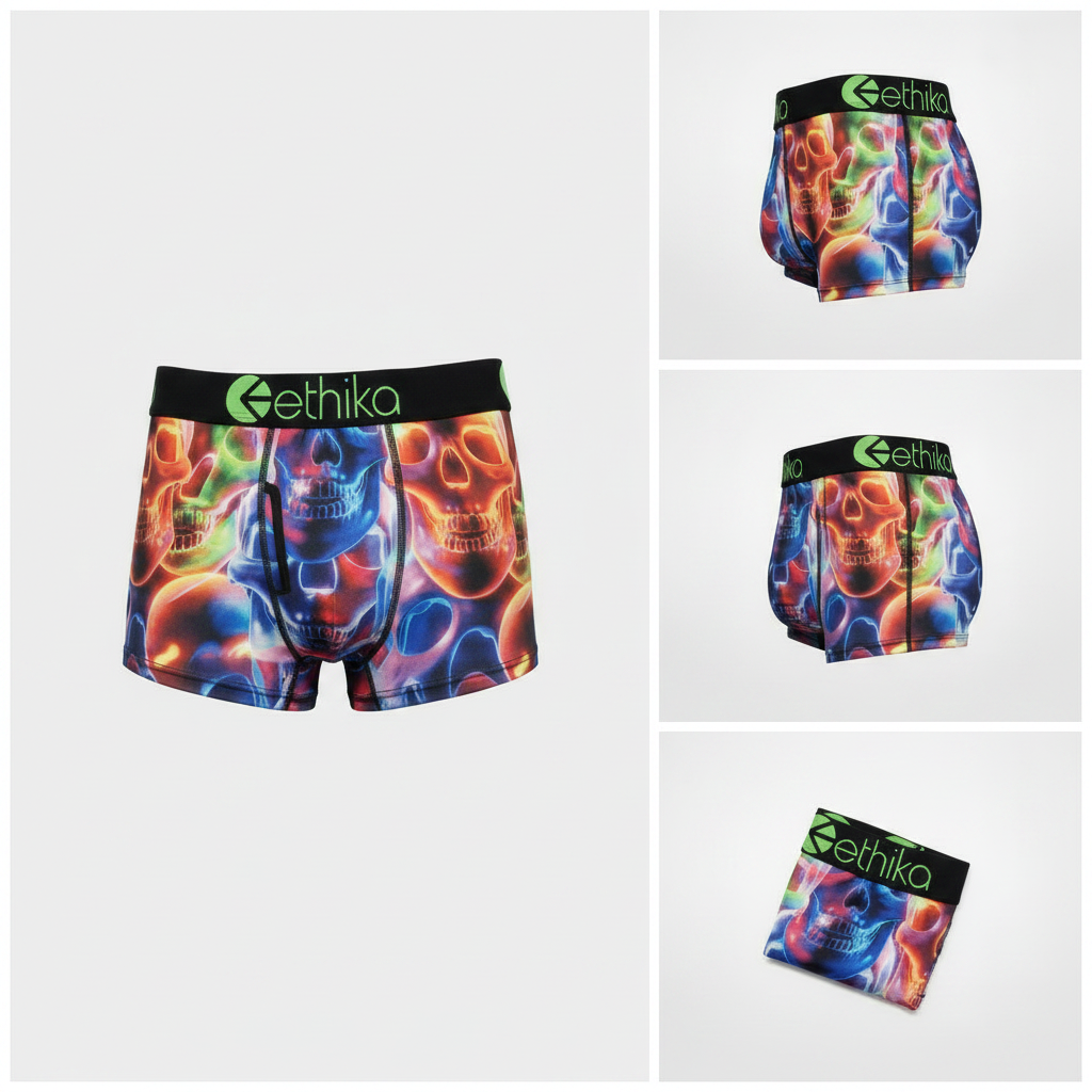 Ethika Boys Graphic Briefs – Colorful neon skull print collage showing front, side, and folded views on white background