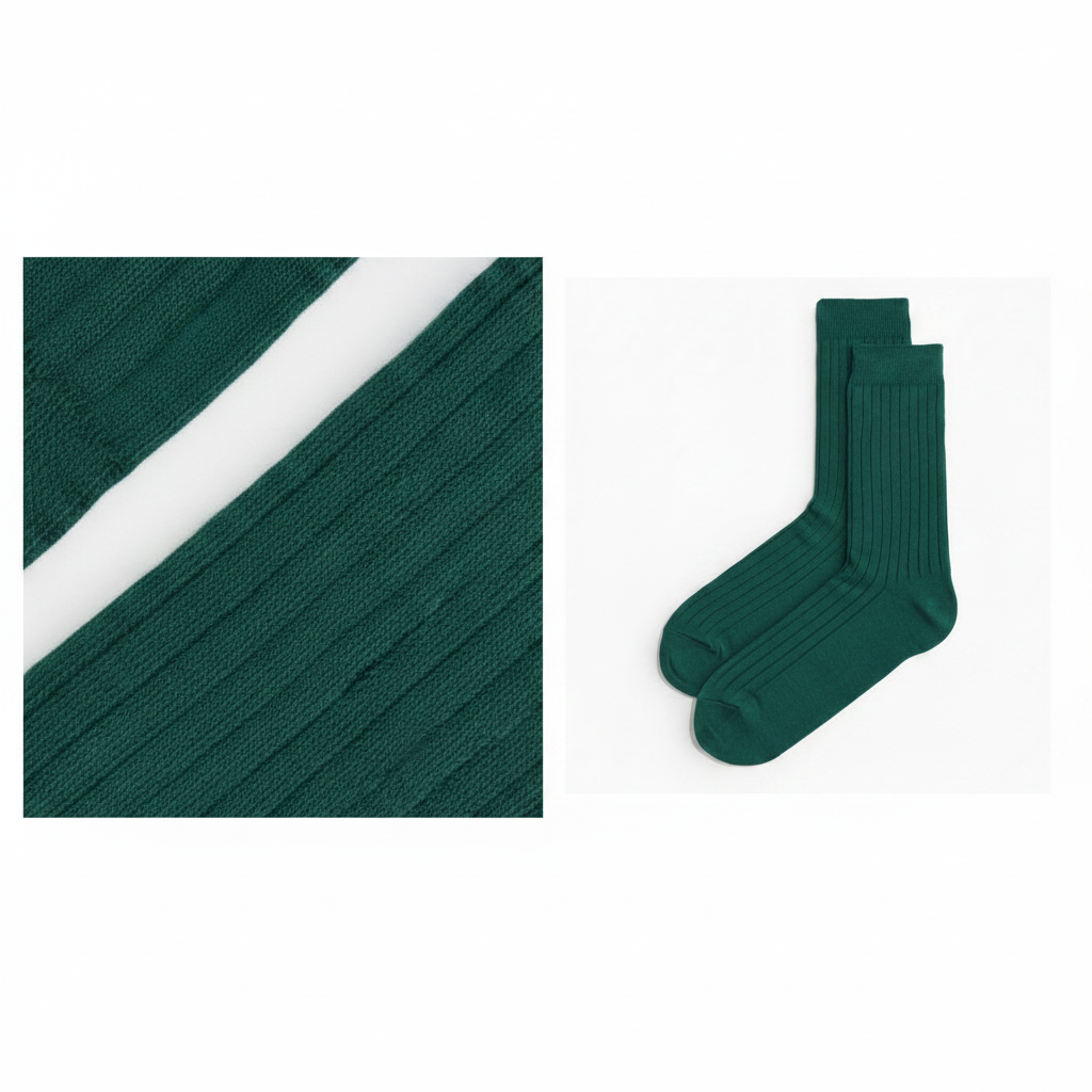 H&M Men's Fine-Knit Ribbed Sock Forest Green – Texture detail and flat lay collage on white background