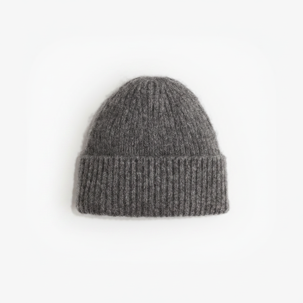 H&M Fuzzy Wool-Blend Beanie One Size – Gray fuzzy beanie on white background