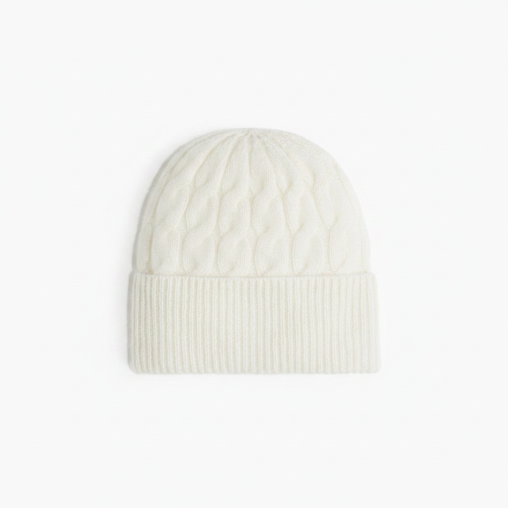 H&M Rib-Knit Beanie Hat One Size – Cream white cable-knit beanie on white background