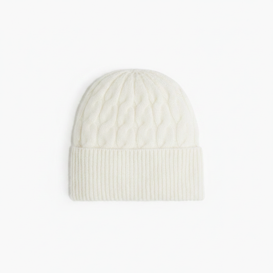 H&M Rib-Knit Beanie Hat One Size – Cream white cable-knit beanie on white background