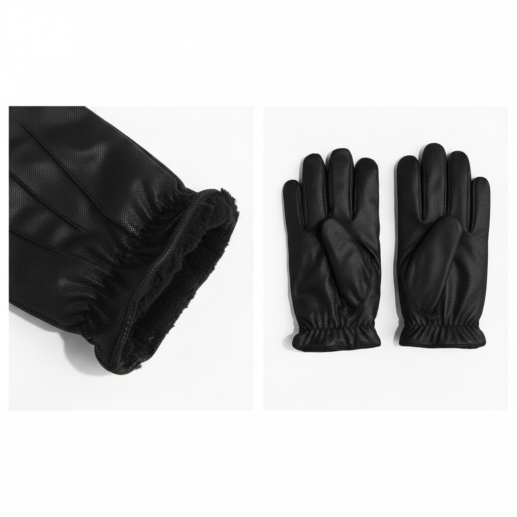H&M Men's Faux Sterling-Lined Gloves – Lining detail and flat lay collage on white background