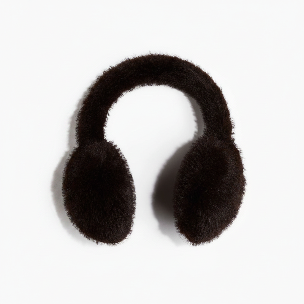 H&M Fluffy Earmuffs One Size – Dark brown fluffy earmuffs on white background