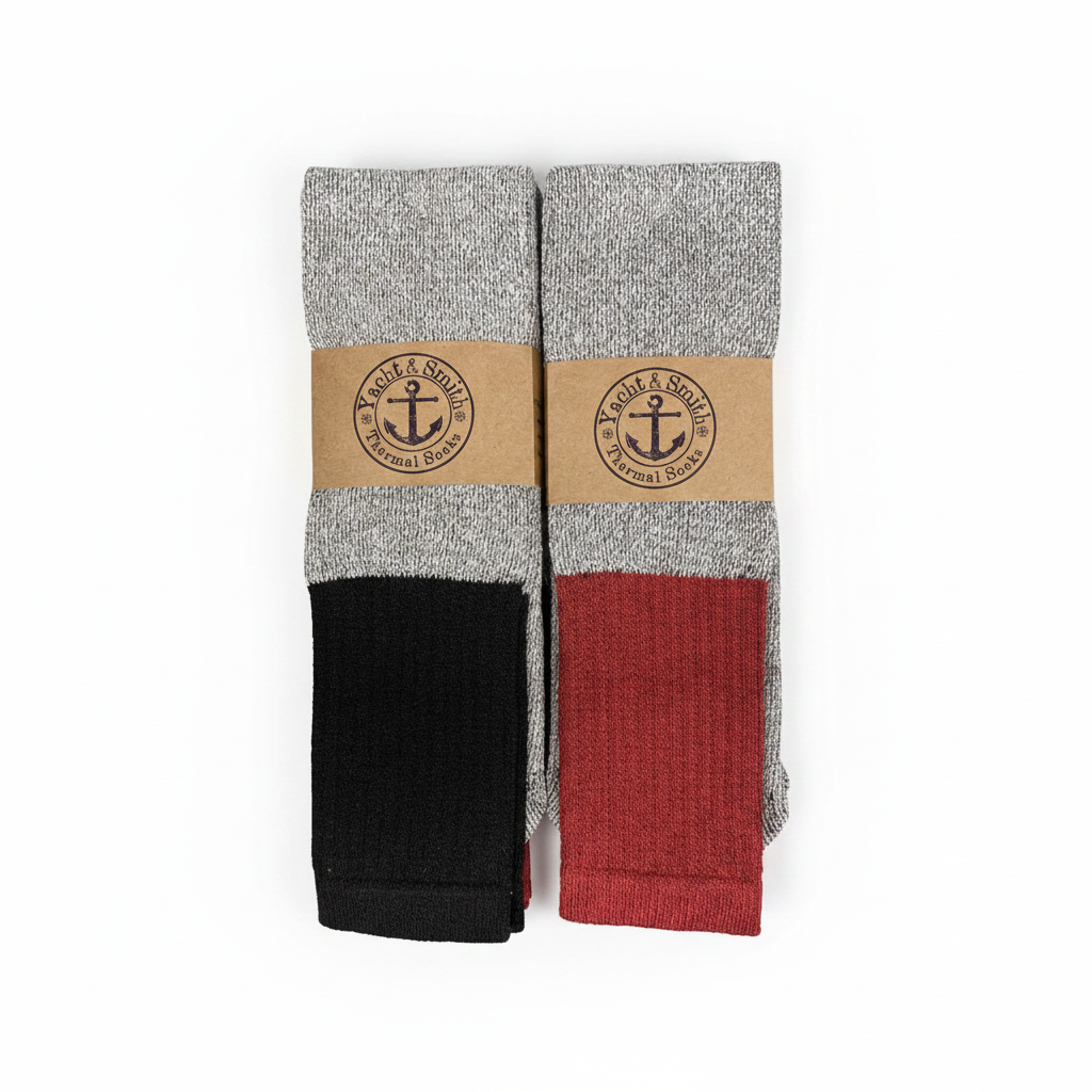 Yacht & Smith Men's Cotton Thermal Tube Socks 3-Pack – Two socks flat lay showing black and red colorways with branded paper band on white background