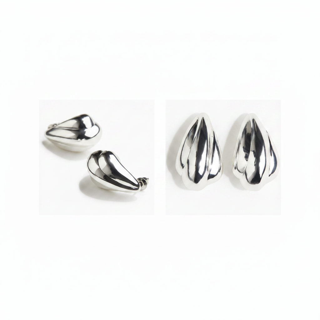 H&M Dome Earrings Leaf-Like Design – Silver side and front view collage on white background