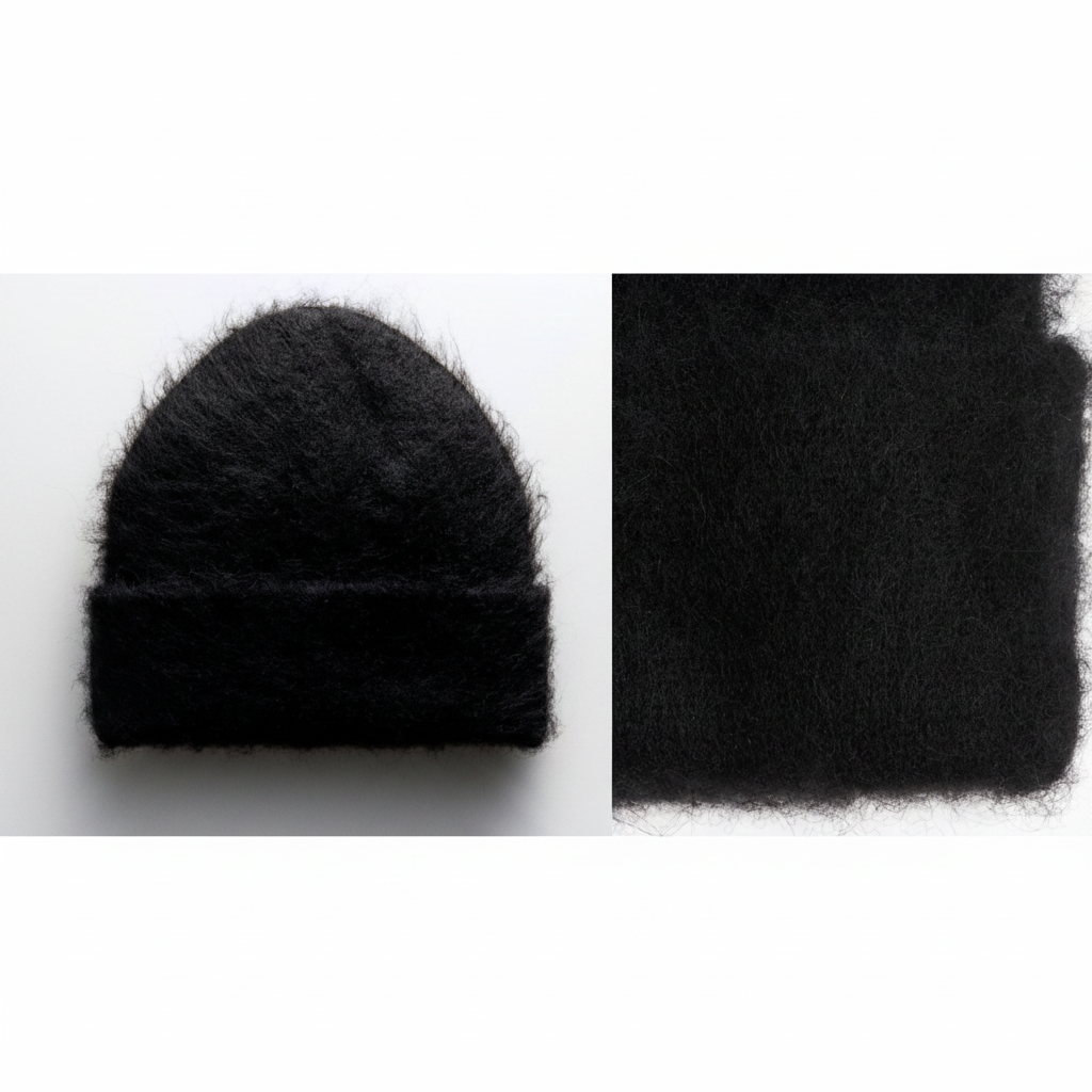 H&M Fuzzy Wool-Blend Beanie One Size – Black beanie full and detail collage on white background