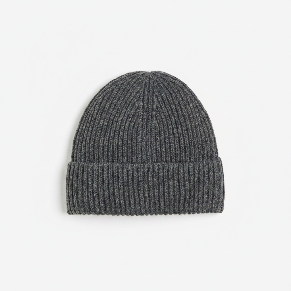 H&M Rib-Knit Wool-Blend Hat – Dark Gray beanie on white background