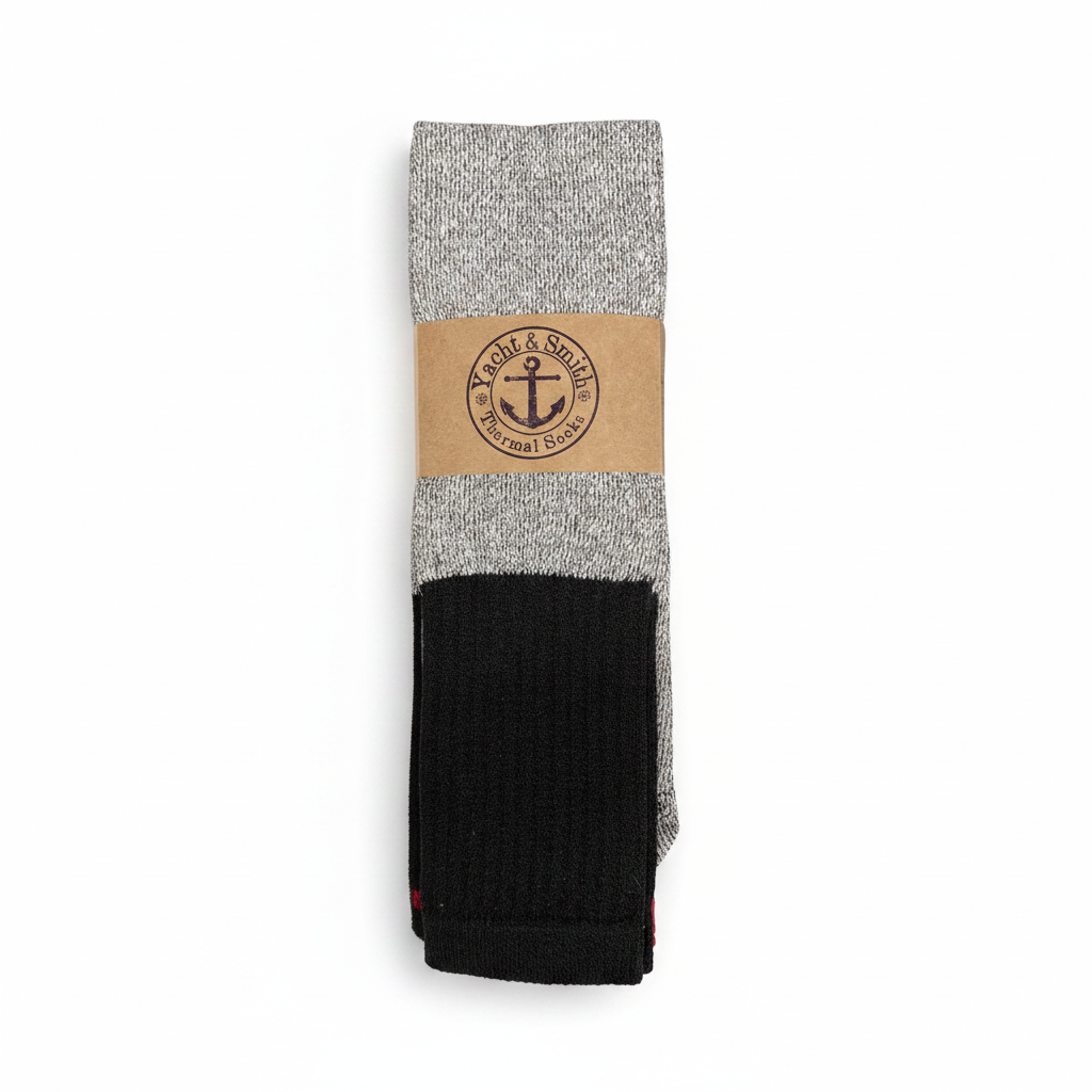 Yacht & Smith Men's Cotton Thermal Tube Socks 3-Pack – Single black sock bundled with branded paper band on white background