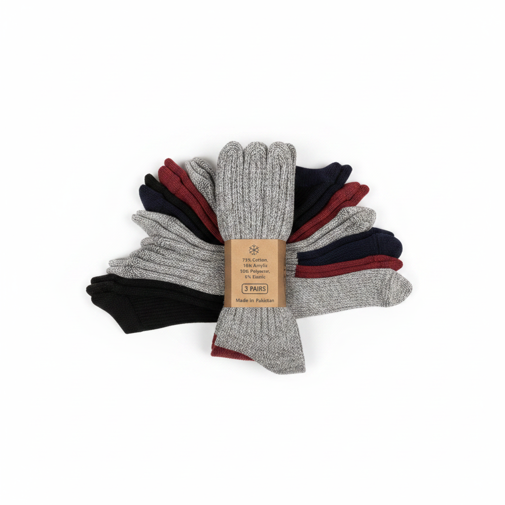 Yacht & Smith Men's Cotton Thermal Tube Socks 3-Pack – Three socks fanned out showing black, red, and navy colorways with material label on white background
