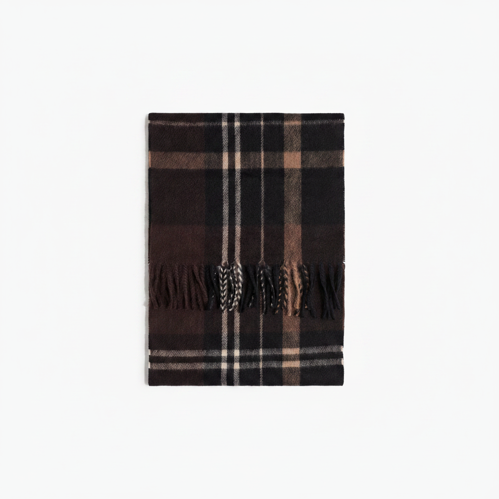 H&M Scarf One Size – Black and brown plaid pattern with fringe detail on white background