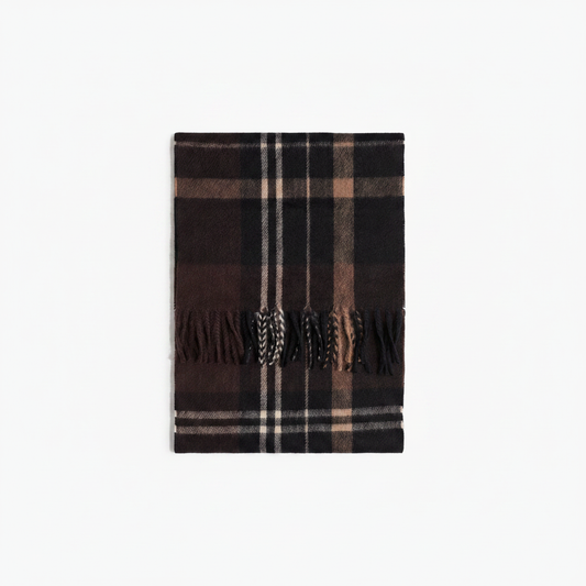 H&M Scarf One Size – Black and brown plaid pattern with fringe detail on white background
