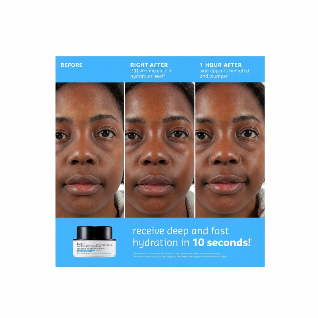 belif Aqua Bomb deep hydration in 10 seconds before and after