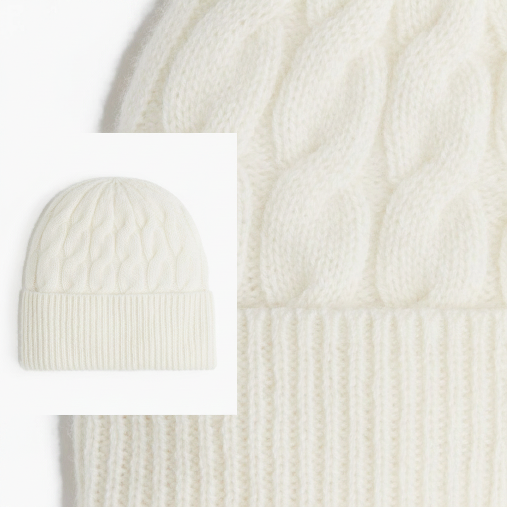 H&M Rib-Knit Beanie Hat One Size – Full and detail view collage on white background