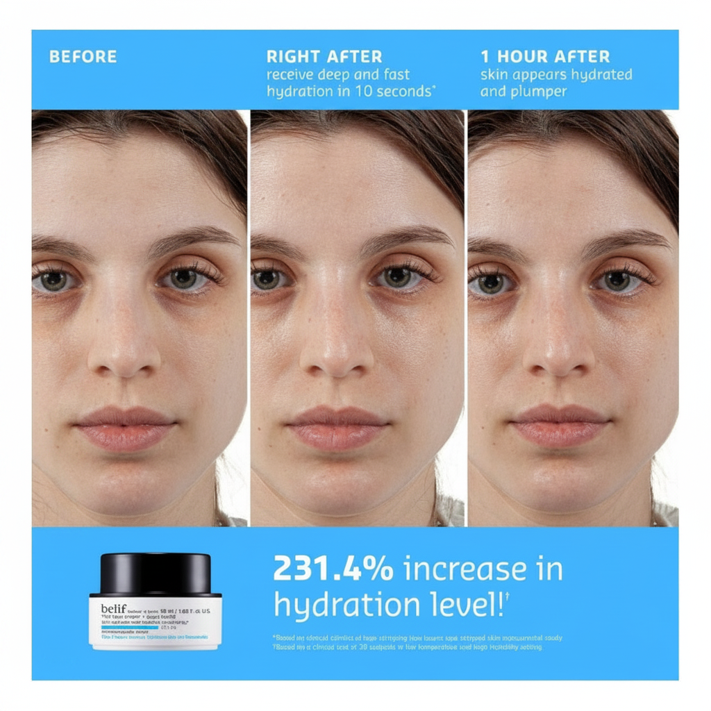 belif Aqua Bomb before and after skin hydration results