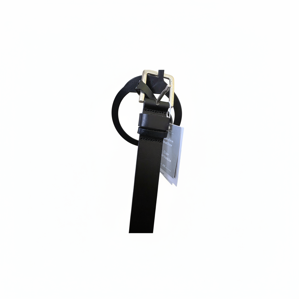 H&M Men's Genuine Leather Belt Medium – Buckle and Genuine Leather hang tag close-up on white background