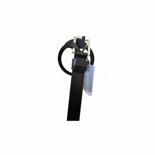 H&M Men's Genuine Leather Belt Medium – Buckle and Genuine Leather hang tag close-up on white background