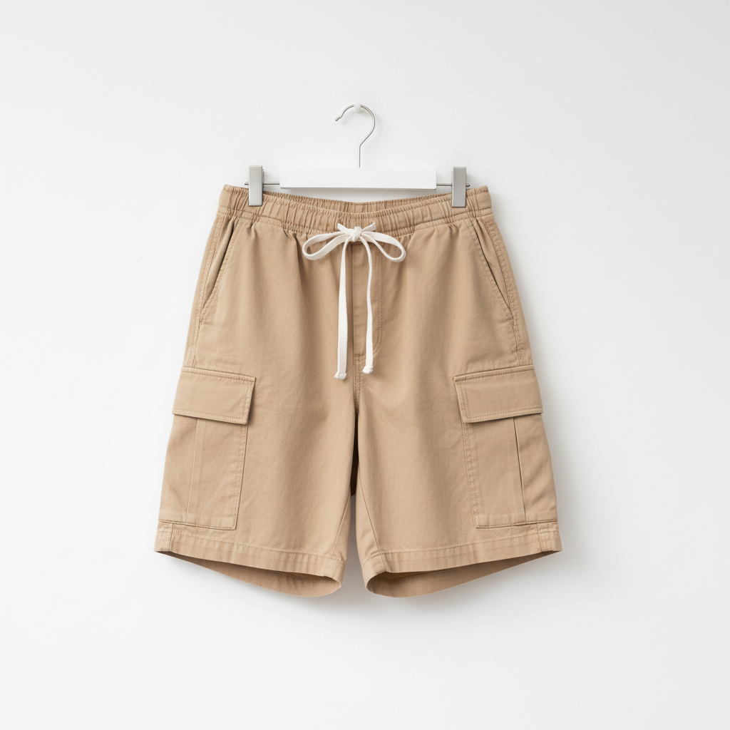 Light tan cargo shorts on white hanger