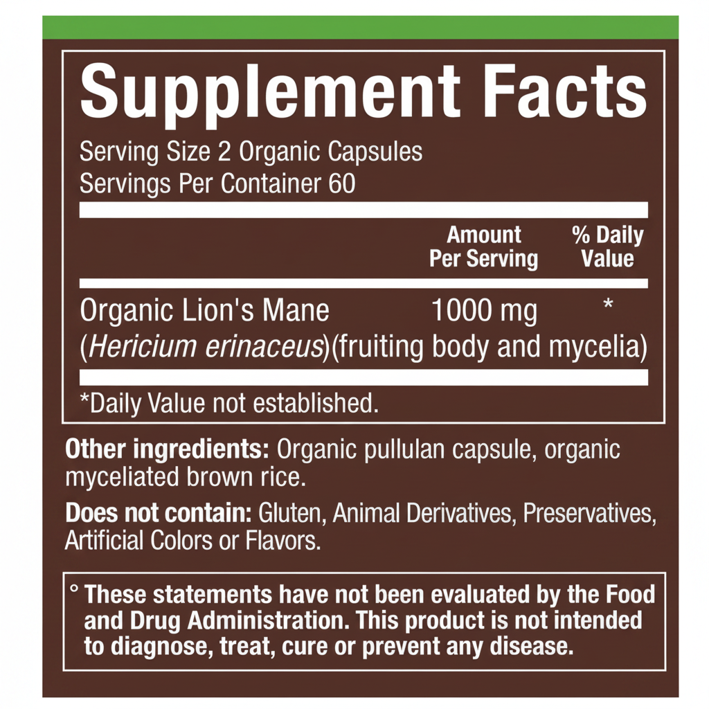 Lion's Mane Supplement Facts - White BG
